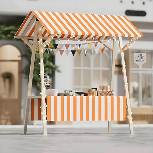Portable Wooden Market Stall Display Stand with Canopy - Folding Pushcart for Outdoor Vendors, Farmers Markets, Fairs & Events - Easy Setup & Transport