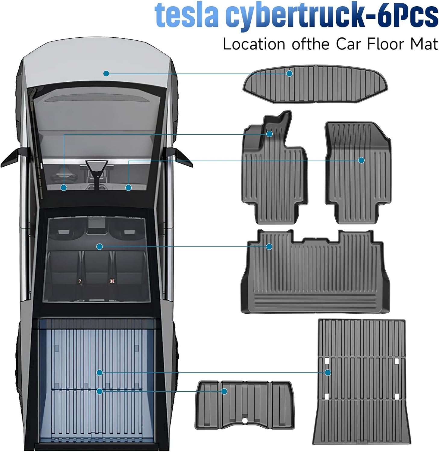Floor Mats for Tesla Cybertruck- 2024 2025 2026 Custom Fit All Weather TPE Cargo Liner Cargo Trunk Accessories（Tesla Cybertruck Full Floor Mat Kit Set of 6）