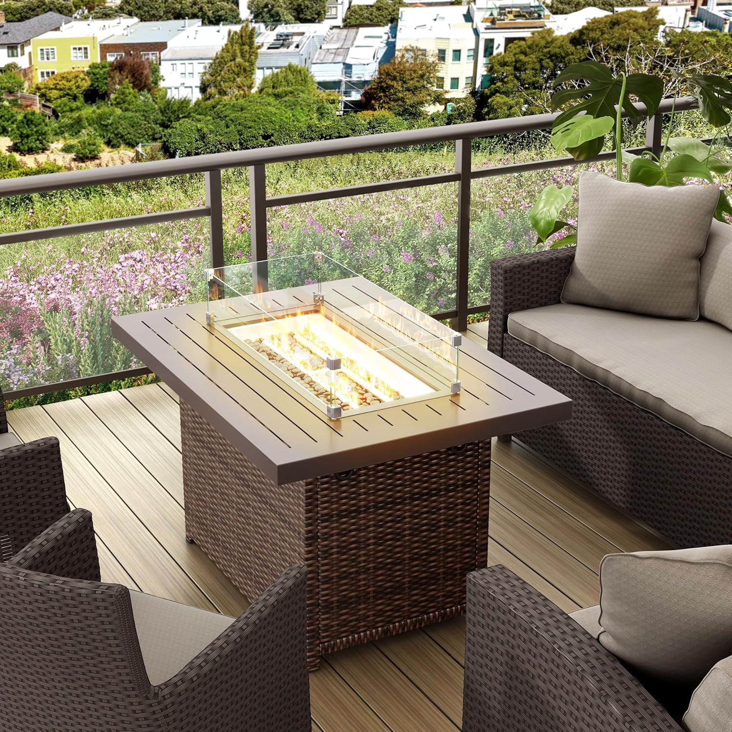 Greemotion Finley Patio Outdoor Propoane Fire Pit Table with Removable Cover and Glass Windshield 55,000 BTU for Patio Deck Backyard Poolside, Brown