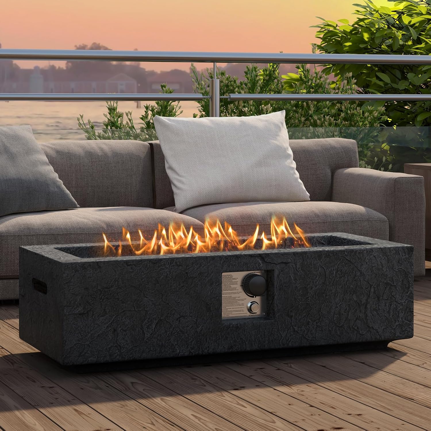 Tangkula 42.5 Inches Outdoor Propane Fire Pit Table, 50,000 BTU Rectangular Magnesium Oxide Gas Firepit with Stainless Steel Burner, Lava Rock and Protective Cover