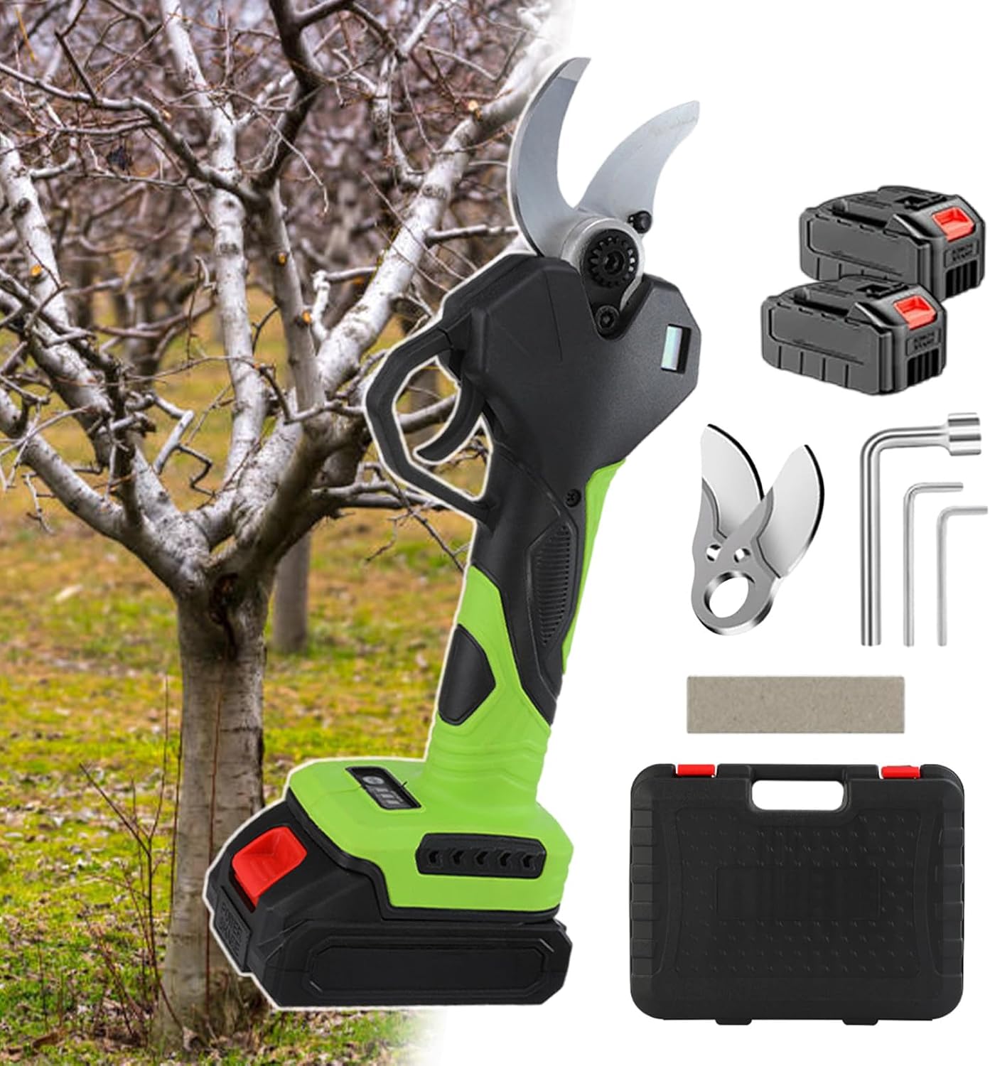 Professional Electric Pruning Shears, with Real-Time Power Display, 980 W Cordless Hand-Held Power Scissors, with 2 Detachable Batteries & Replaceable Blades, for Bushes, Tree Branch