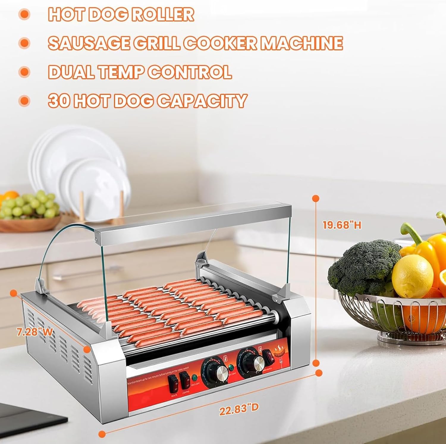 1670W 11-Roller Hot Dog Machine，Holds 30 Hot Dogs，Non-Stick & Stainless Steel，for Parties, Events & Food Stalls