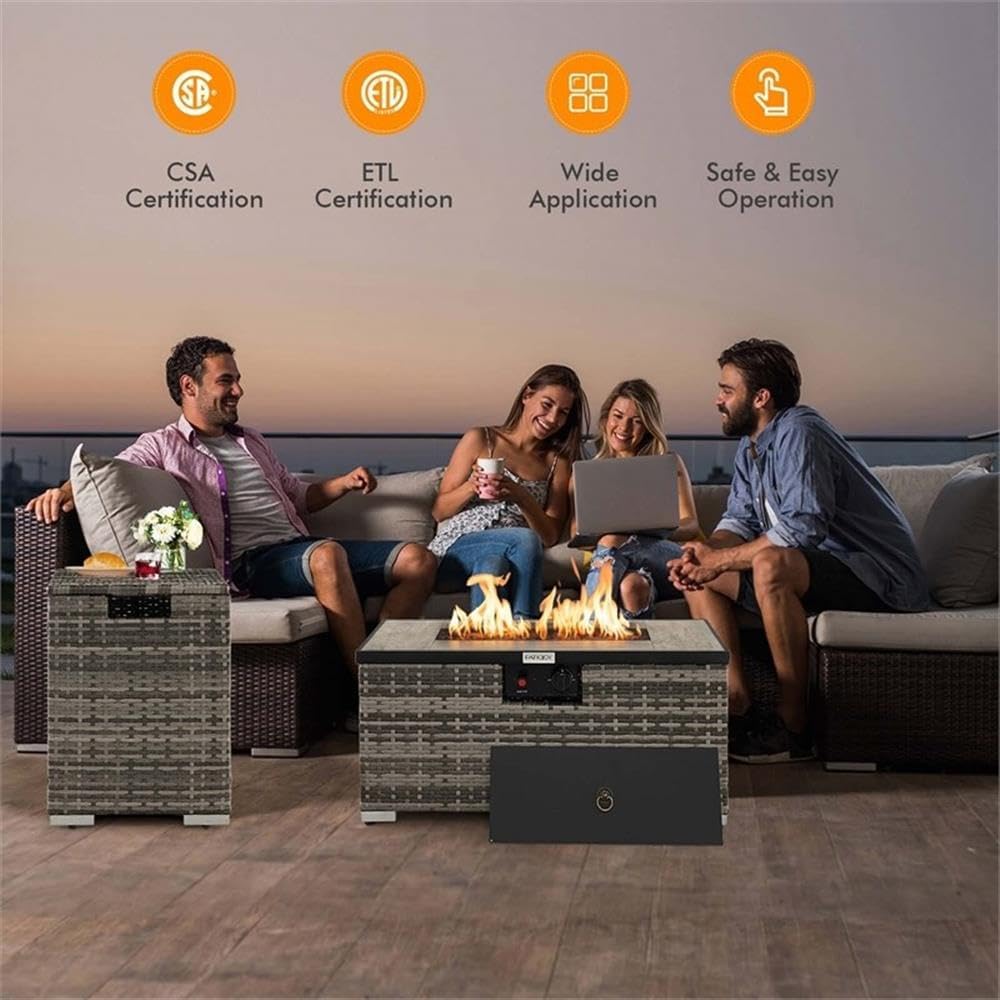 Pemberly Row 32''x 20'' Propane Fire Pit Table Set w/Side Table Tank Gray