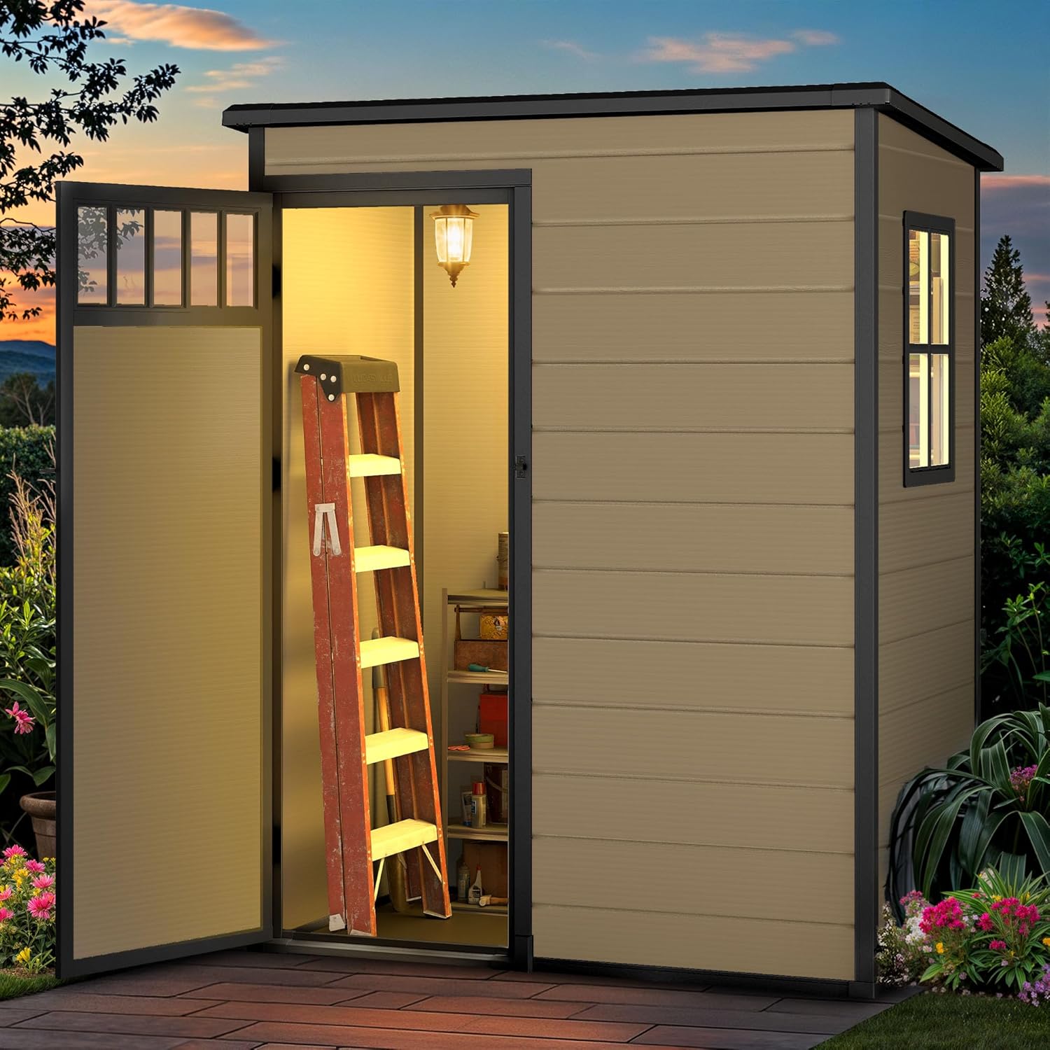 DWVO 5x3FT Outdoor Storage Shed, All-Weather Resin Plastic Storage Shed with Windows, Slanted Roof, Raised Floor, 65 cu.ft Capacity for Garden Tools & Equipment, Ideal for Backyard & Garden, Brown