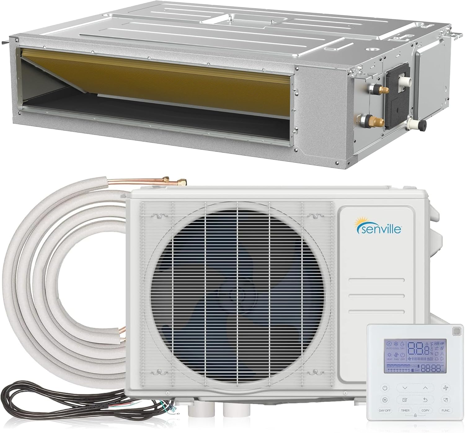Senville 12,000 BTU Ducted Mini Split AC/Heating System, Concealed Duct, Built-in Water Pump, Wall Thermostat, 16 Ft. Installation Kit