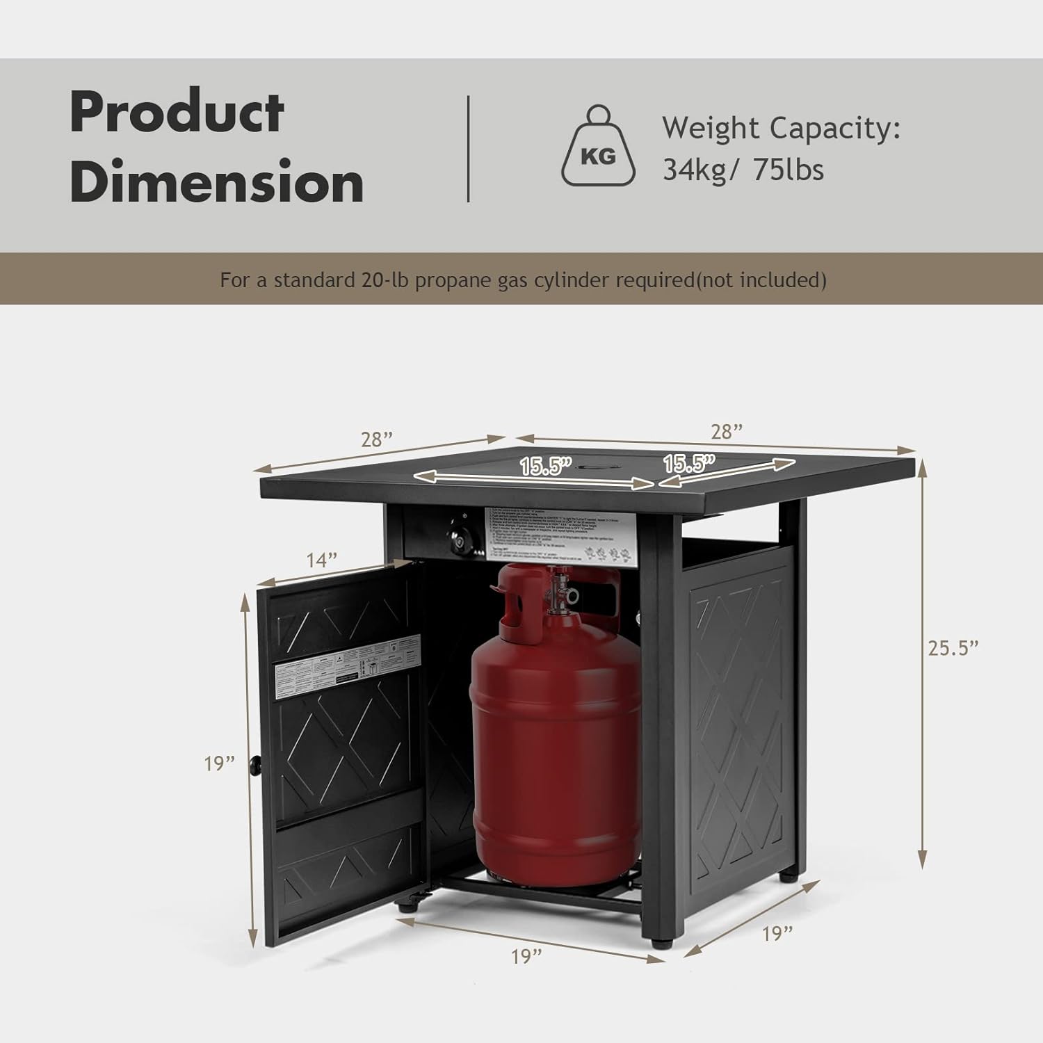 28-Inch Fire Table Outdoor, 50,000 BTU Gas Fire Pit Table with Metal Tabletop, Lid, Lava Rock, Electric Igniter & Hideaway Tank Holder, Propane Fire Table for Outside, Garden, Party(Black)
