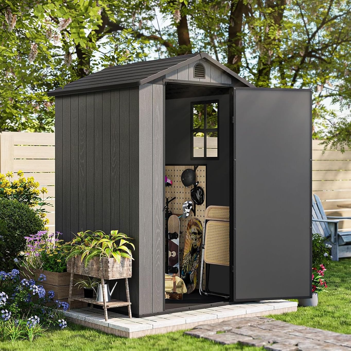 Patiowell 4 x 4 FT Plastic Outdoor Storage Shed with Floor, Garden Tool Shed with Two Windows and Single Lockable Door for Garden, Backyard, Lawn, Easy to Install, Dark Grey