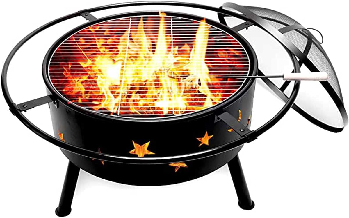 Outdoor Fire Pits Wood Burning Grill, Firepit for Outside Portable, Stars and Moons Firepit 2-in-1 Backyard Fire Pit with Fire Hook for Outside Patio Cooking BBQ