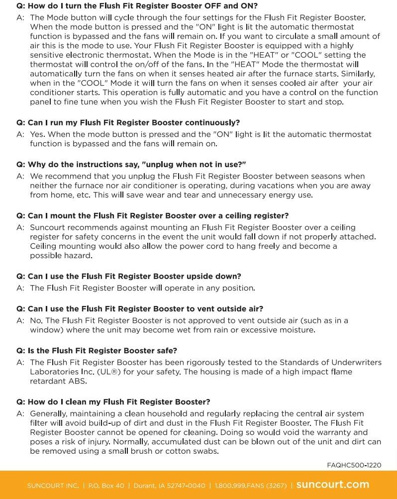 Suncourt Flush Fit Register Air Booster Fan HC500-W- White - (2 Pack)