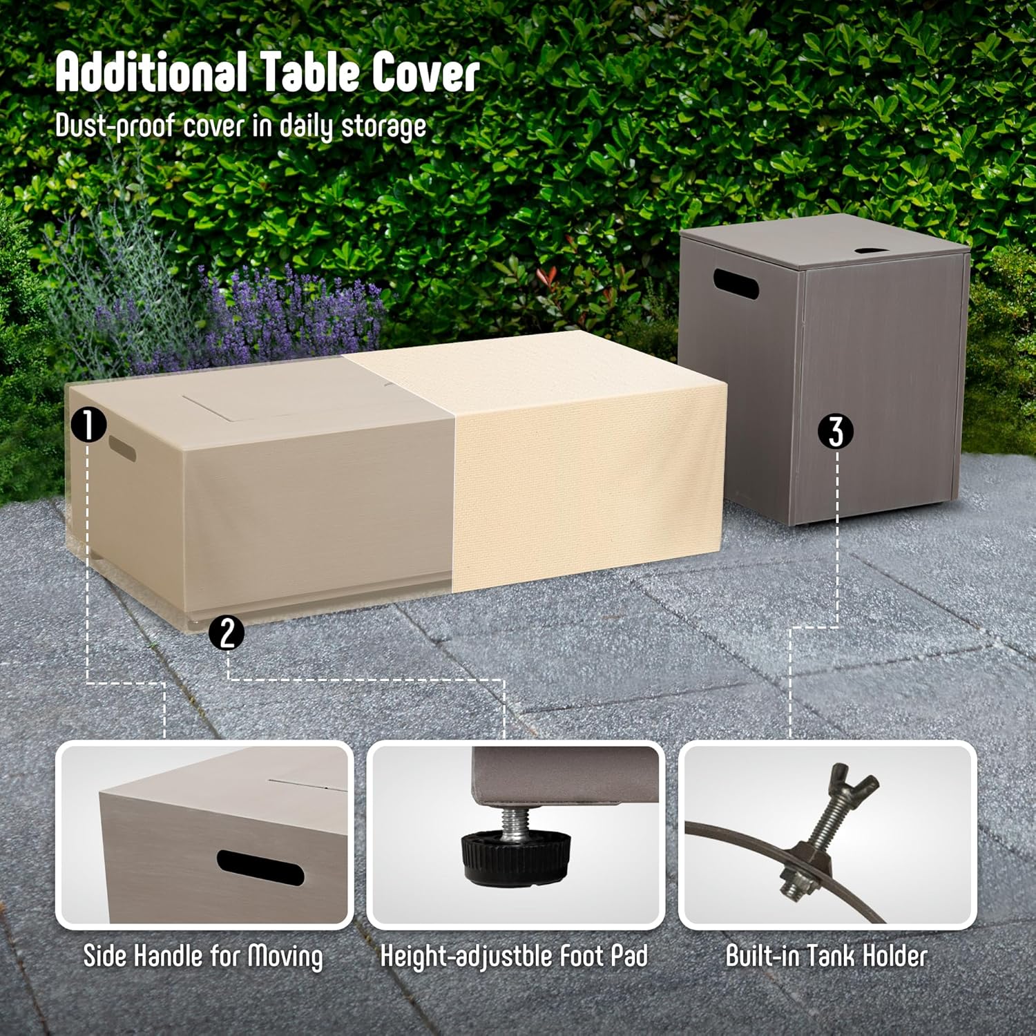 42’’ Propane Fire Pit Table Set with Tank Holder, CSA Certifed 50,000 BTU Outdoor Firepit Table, Wind Guard & Glass Stones, Smoke-Free Rectangular Fire Table for Garden Porch Backyard - Extra Cover