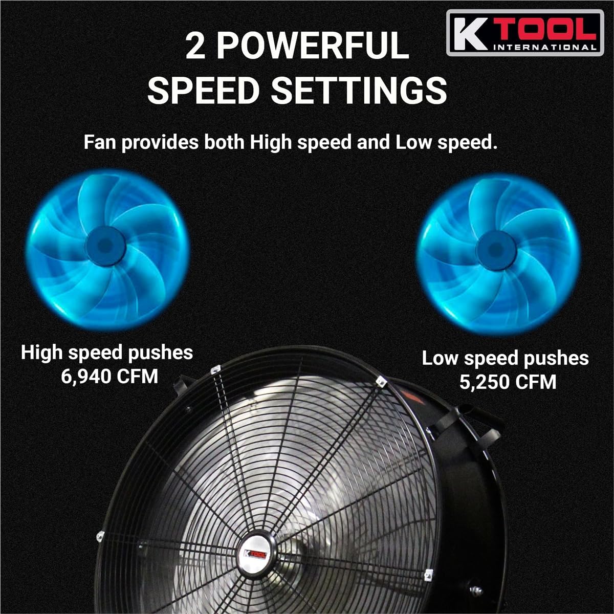K Tool International 77741 24” Belt Drive Drum Fan with Wheels, High-velocity, 2-Speed, Cut-off Protection, 7850 Max CFM, cUL listed, Used in Warehouses, Shops, Greenhouses, Barns, Gyms, Black