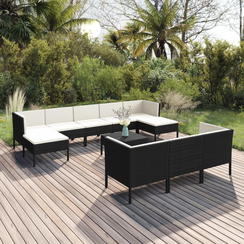 Furniture Sets 11 Piece Patio Lounge Set with Cushions Poly Rattan Black,Elegant and Durable Outdoor Lounge Set for Ultimate Relaxation and Comfort Garden Conversation Sets