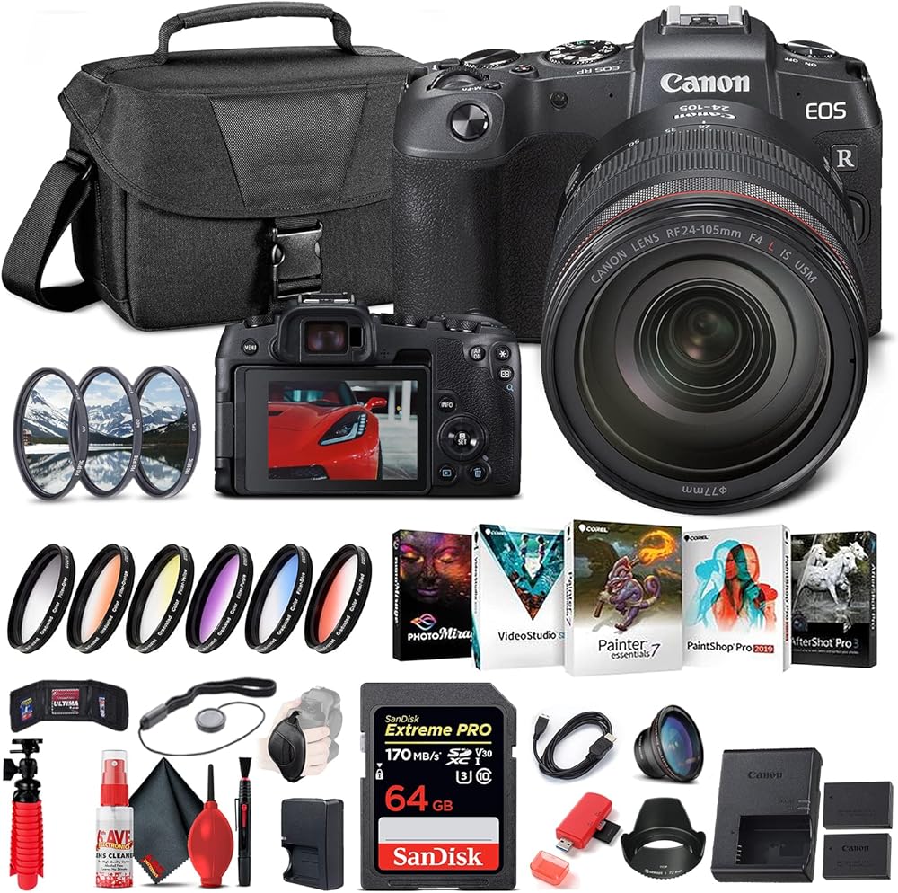 Canon EOS RP Mirrorless Digital Camera with 24-105mm Lens (3380C012) + 64GB Memory Card + Color Filter Kit + Case + Filter Kit + Corel Photo Software + LPE17 Battery + Charger + More (Renewed)