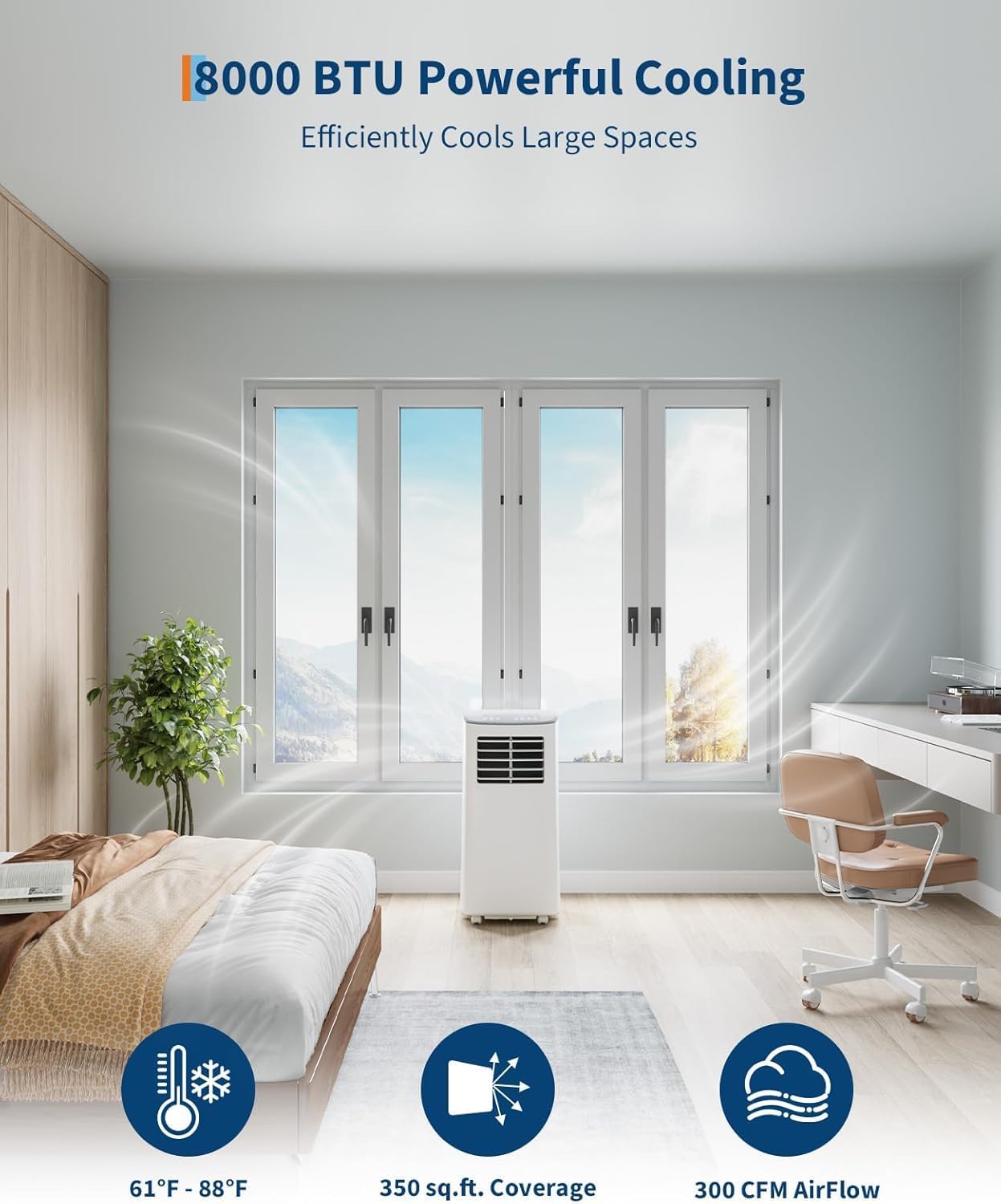 GlowSol 8000 BTU Portable Air Conditioner with Dehumidifier, Drainage-Free, Quiet Cooling w/Remote, 24H Timer, 4 Modes - For Bedroom/Office，Window Kit Included, Grey top