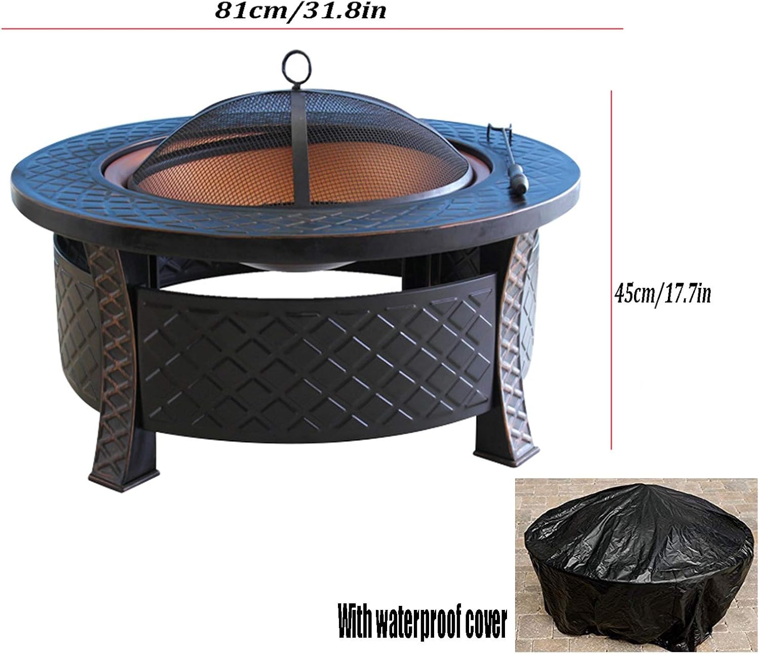 Outdoor Fire Pit Portable Garden Bonfire Pit, Outdoor Heater with Cooking Grill, Wood Burning Fire Pit, 81cm/31.8