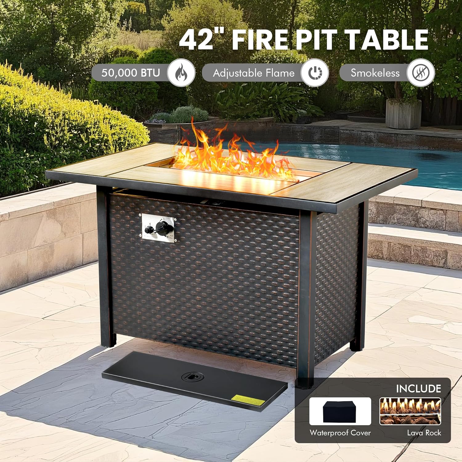 10 PCS Patio Outdoor Furniture Set with Fire Pit Table and Swivel Rocking Chairs,Patio Seating Sofa and Chairs Set,All Weather Wicker Rattan Outdoor Conversation Sets,Grey Rattan,Denim Blue