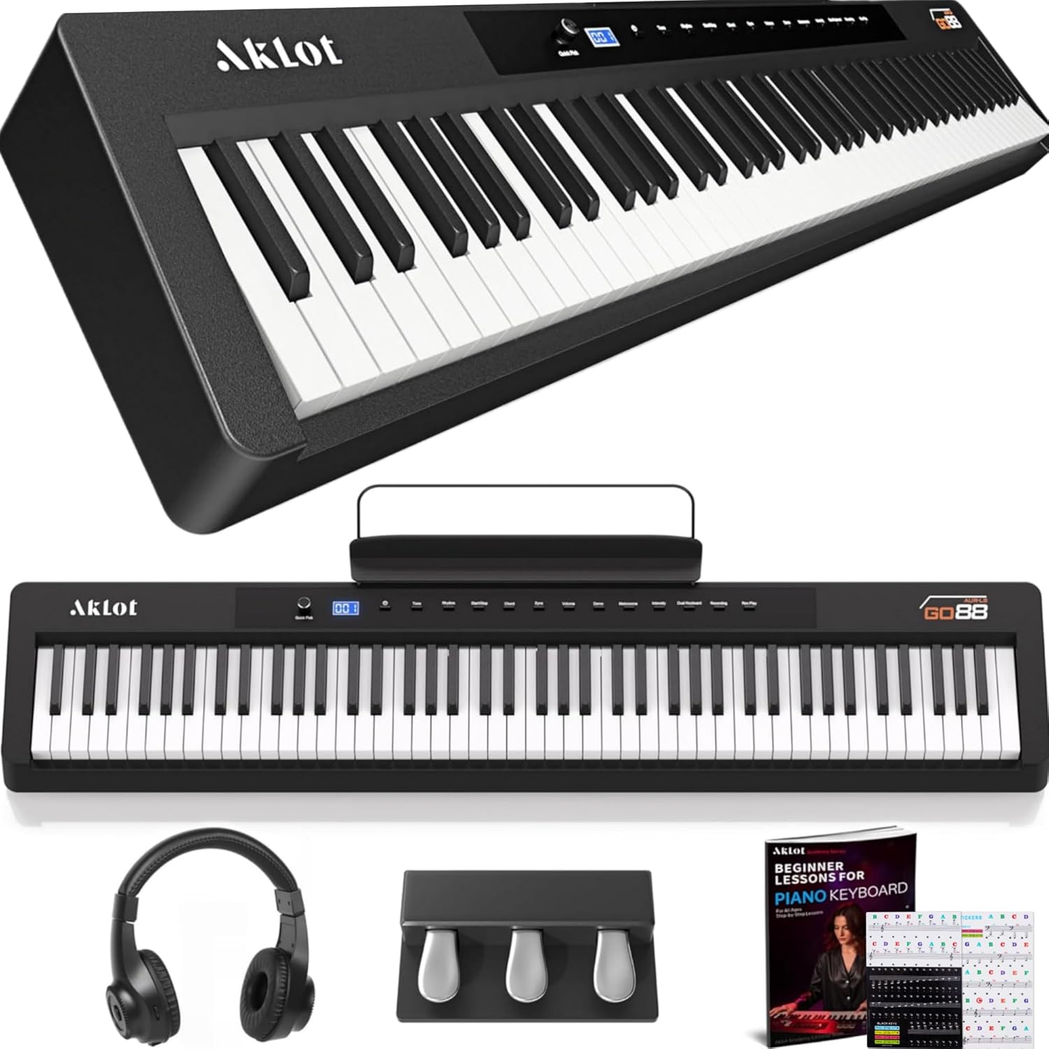 AKLOT Piano 88-Keys Weighted Hammer-Action, Electric Keyboard Digital Piano, Electric Triple Pedal, Dual Keyboards,Beginner Pianos Book,128 Tone,Headphone, USB-MIDI,Music Stand,Piano Keyboard Stickers