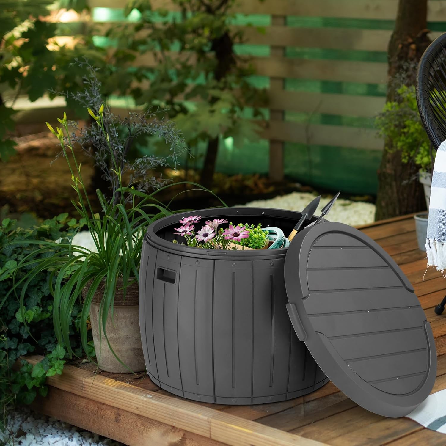 36 Gallon Round Deck Box,Resin Pool Storage Bins,Patio Furniture Outdoor Storage Boxes,Waterproof Garden Utility Tool Box,with Lid & Side Handles,for Outside Indoor Garage Lawn Backyard (Grey)