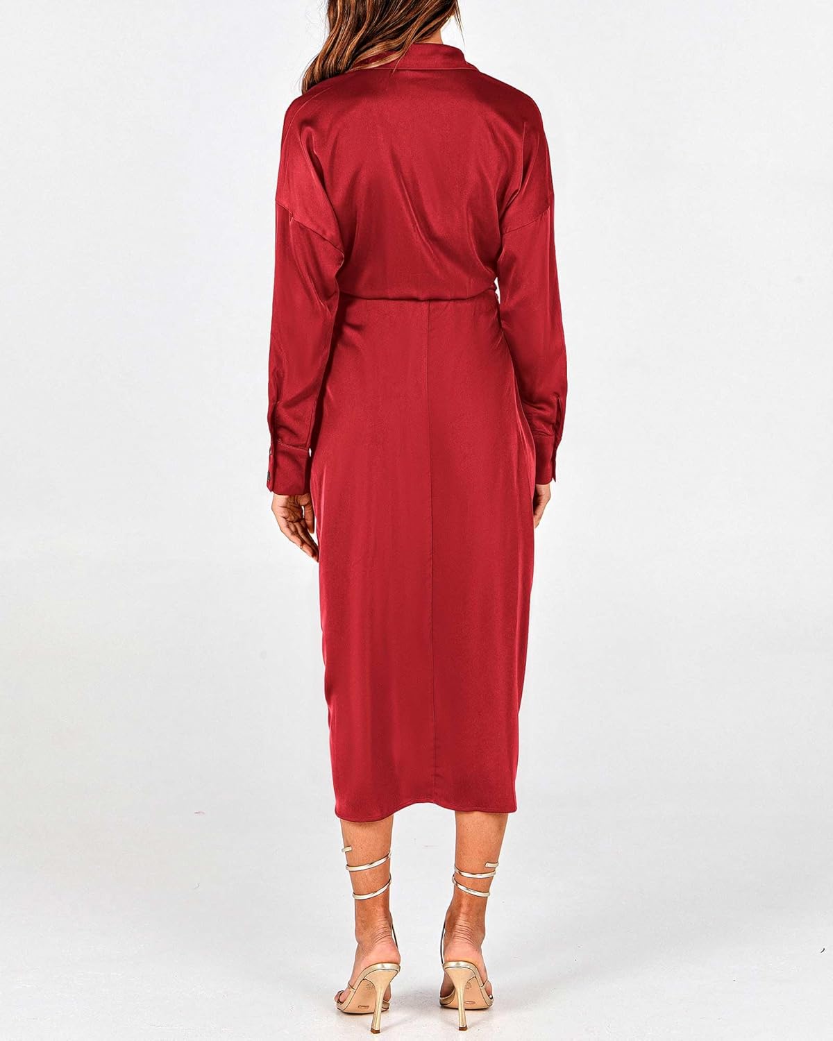 BTFBM Summer Dresses for Women 2026 Long Sleeve Lapel V Neck Button Down Elegant Belted Ruched Satin Shirt Spring Dress