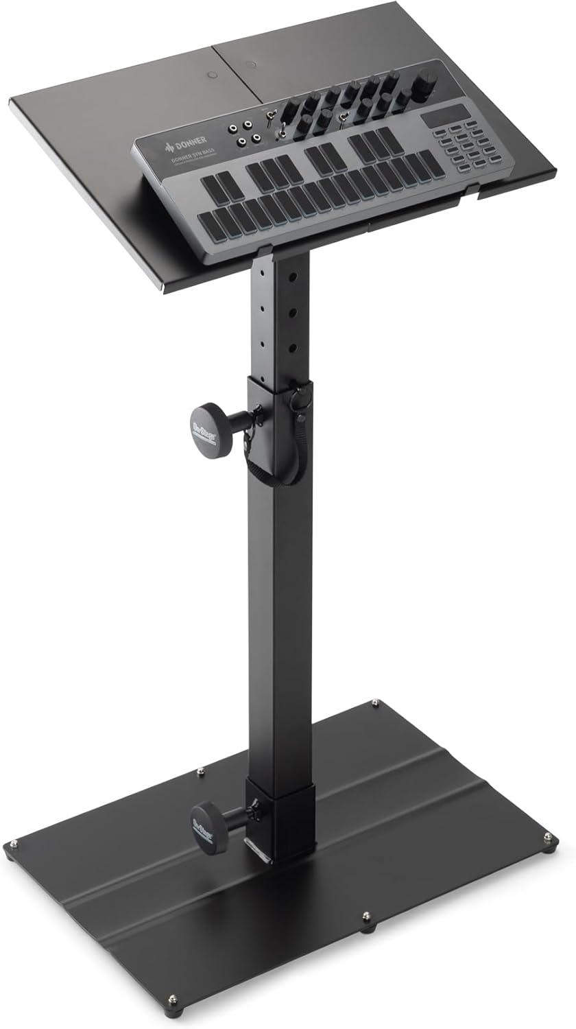 On-Stage KS6150 Compact MIDI/Synthesizer Utility Stand (for Small Keyboards,Mini Synths,Effects Processors,Samplers,Tablets,DJ Mixers & More, Ergonomic, Capacity 35LBs, Adjustable, Black)