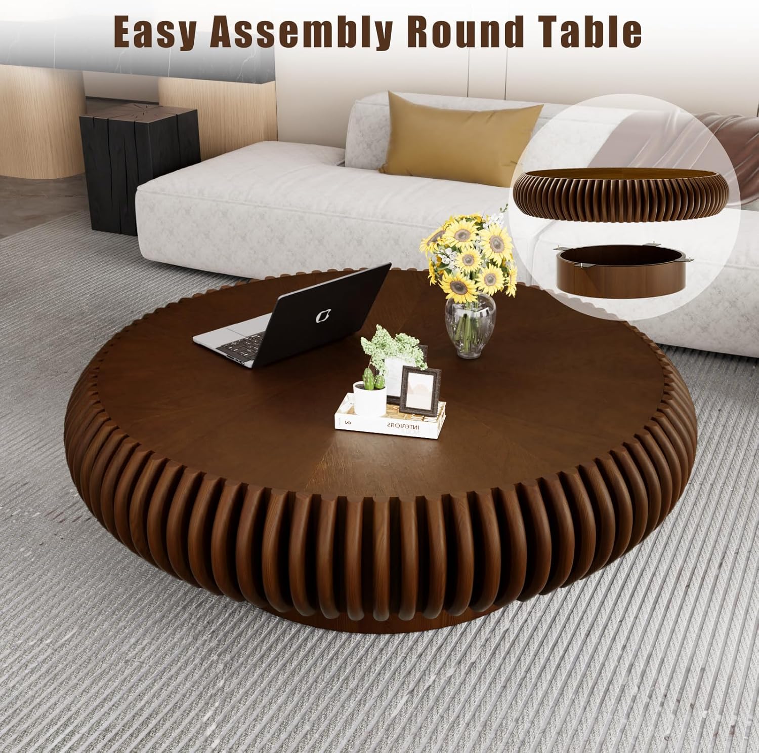 Handcrafted Solid Wood Round Grooved Coffee Table Modern Curved Fluted Drum Center Table Stylish Focal Point for Contemporary Living Room (C Walnut 100cm)