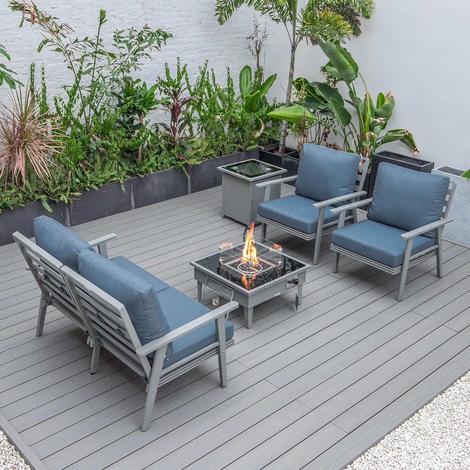 LeisureMod Walbrooke Modern Aluminum 5-Piece Patio Conversation Set with Outdoor Square Fire Pit Table & Side Table Tank Holder (Navy Blue)
