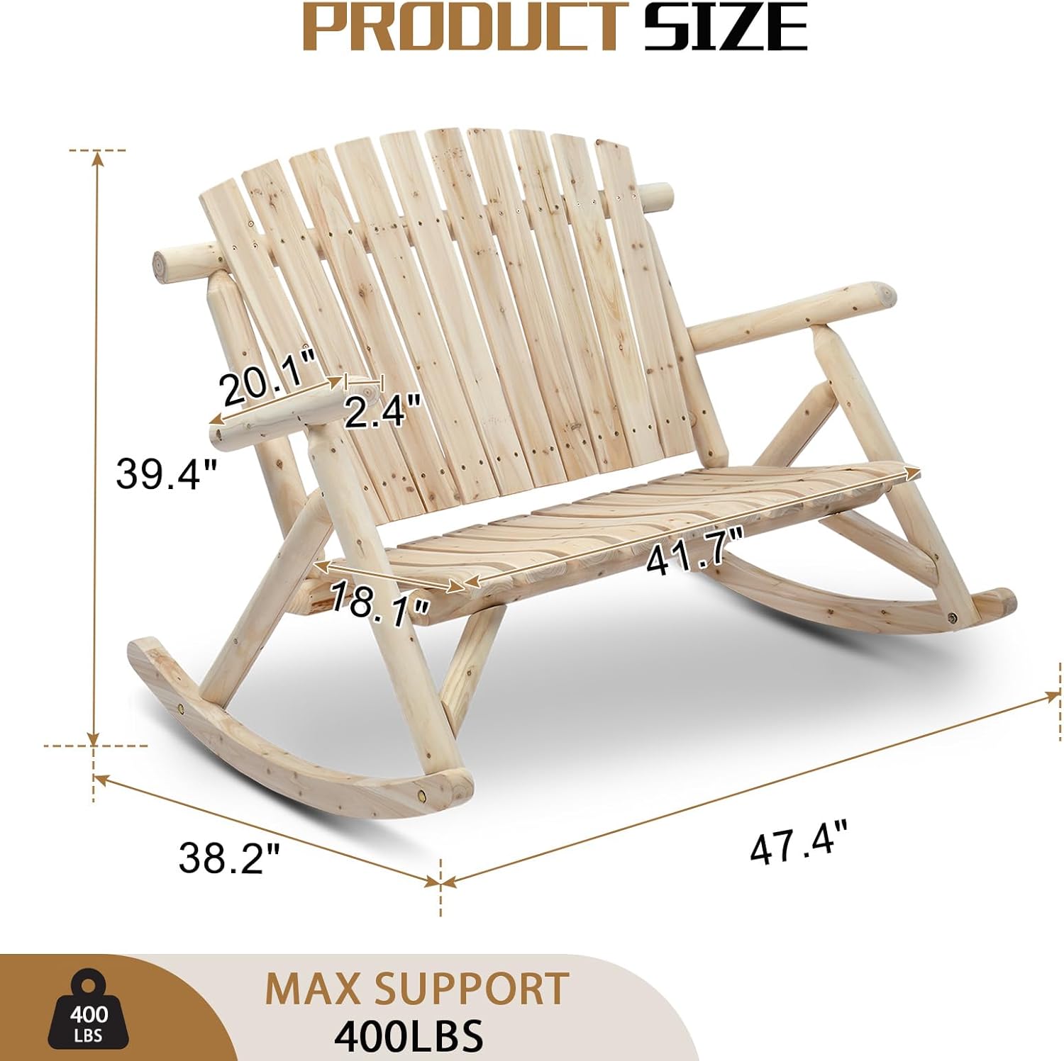 Outvita 2-Person Wood Rocking Chair, Fir Log Adirondack Rocker, Outdoor Wood Accent Furniture Lounge Chairs with Wide Curved Seats for Garden Patio Backyard Porch (Natural Finish)