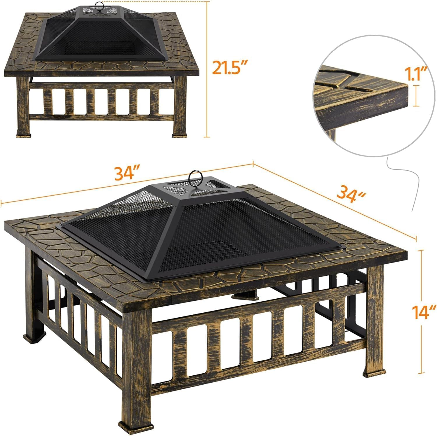 34in Fire Pit Table Outdoor Fire Pits Square Steel Stove with Mesh Screen, Waterproof Cover & Poker for Outside Patio Bonfire Camping (Bronze)