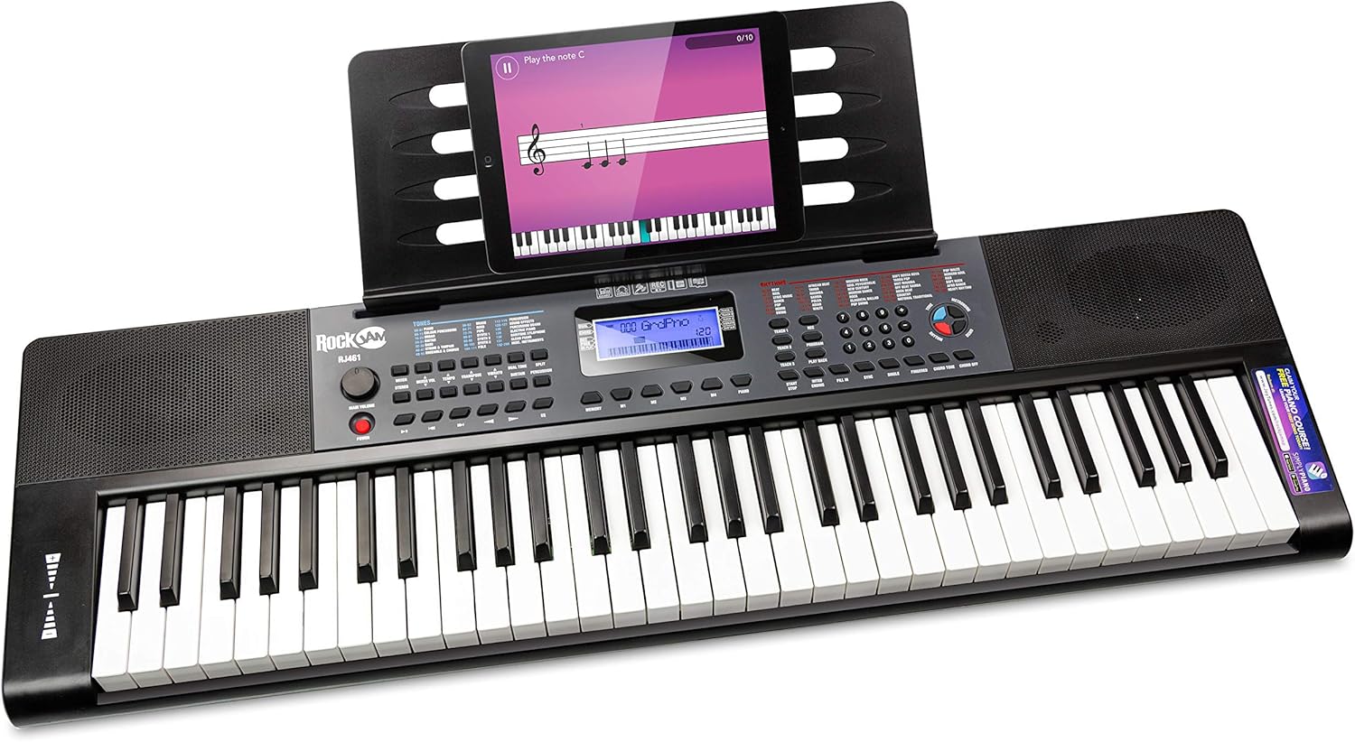 RockJam 61 Key Keyboard Piano with Pitch Bend, Power Supply, Sheet Music Stand, Piano Note Stickers & Simply Piano Lessons