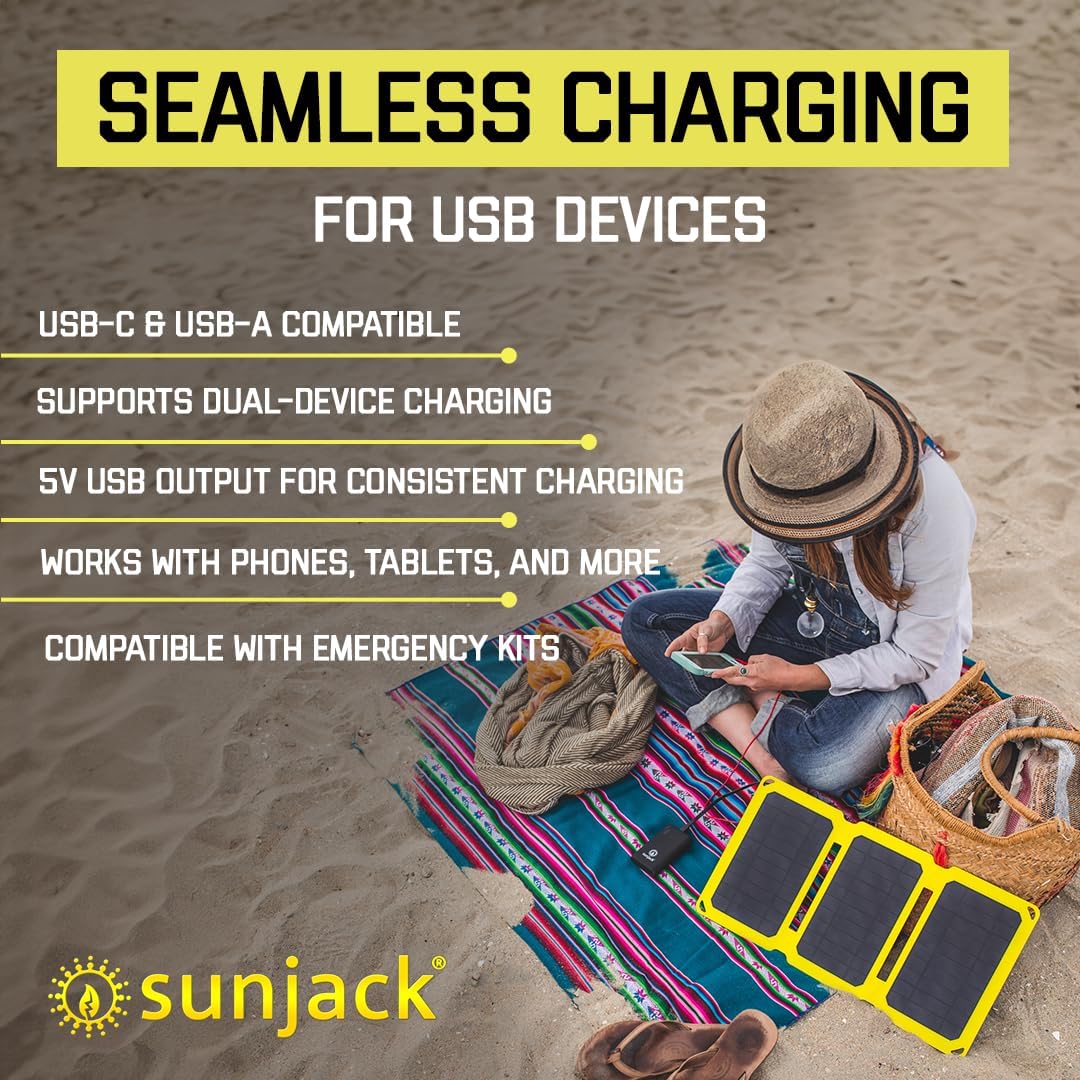 SunJack 15W Foldable Solar Phone Charger, IP67 Waterproof ETFE Monocrystalline Solar Panel with 10,000mAh Power Bank, Portable USB-C & USB-A Solar Charger for Camping, Hiking, Backpacking, Emergency