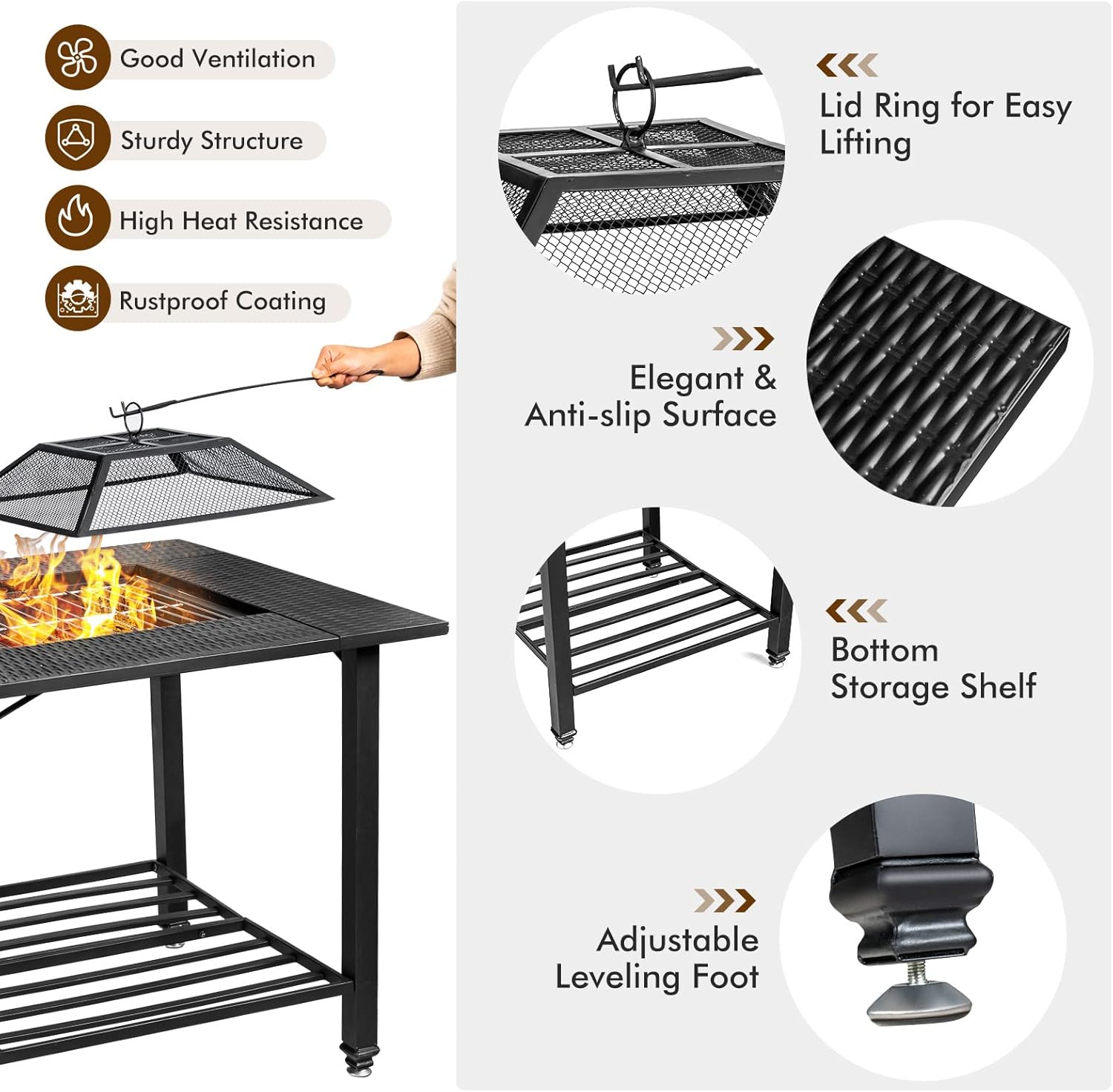 Tangkula 4 in 1 Outdoor Fire Pit, Heavy Duty Metal Square Wood Burning Fire Pit with Spark Screen Cover, Removable Lid, Cooking Grate, Log Grate and Fire Poker, BBQ Garden Fireplace for Heating