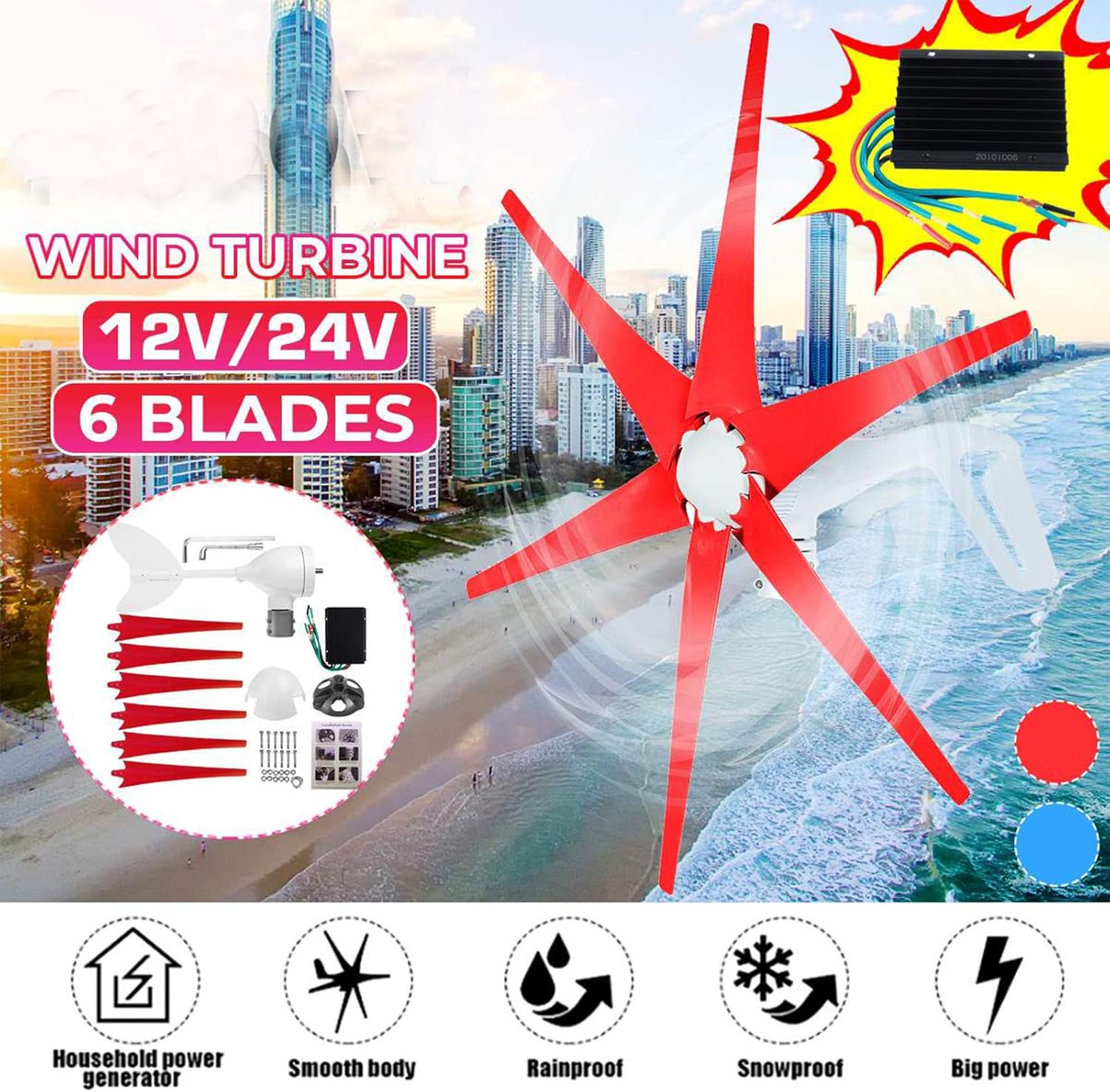 3000W Vertical 6 Blades Horizontal Wind Turbine Kit, with Controller, 12V 24V 48V Low-Noise Windmill Generator, Wind Power Generator for Marine, Home(Red)