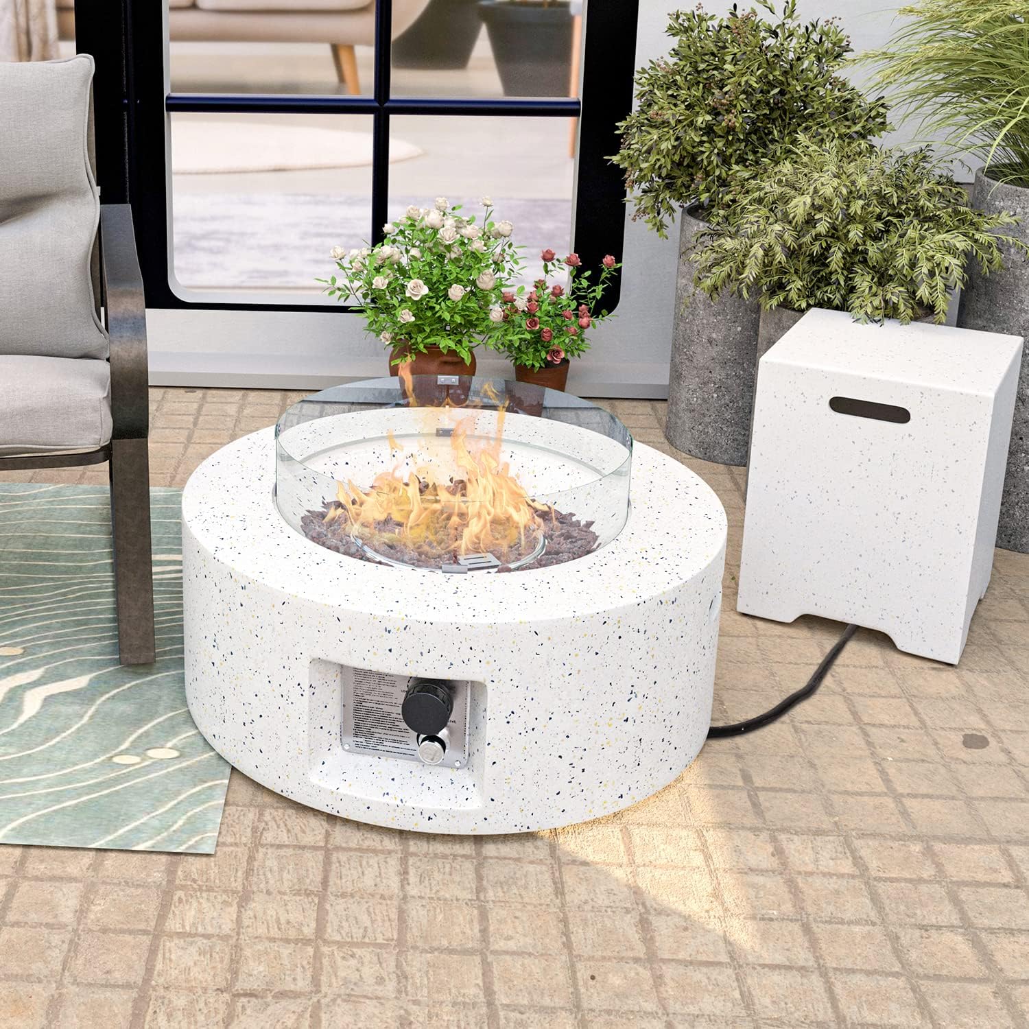 HOMPUS Outdoor Propane Fire Pit 40,000 BTU 42-inch x 17-inch Round Concrete Gas Fire Table Outside Smokeless Firepit with Tank Cover,Wind Gurad,Lava Rocks and Rain Cover for Garden,Deck,Backyard