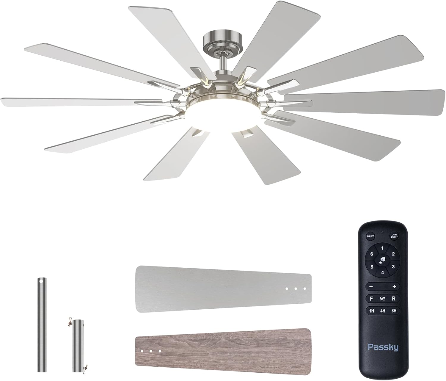 Passky Ceiling Fans with Lights, 64 inch Nickel Ceiling Fan with Light and Remote Control, Reversible, Dimmable, 3CCT, Quiet, Ceiling Fan for Bedroom, Living Room, Indoor/Outdoor Use