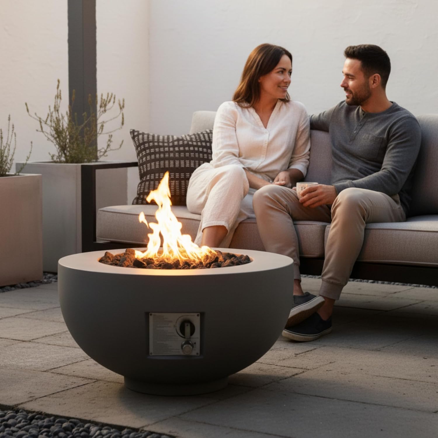 28 inch Round Propane Fire Pit Table, 40,000 BTU Outdoor Concrete Gas Fire Pit with Lava Rocks Cover, Portable Bowl Fire Pit for Patio, Garden, Deck, Light Grey