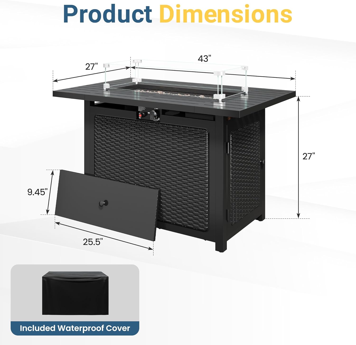 43” Outdoor Propane Fire Table Set with Heavy-Duty Glass Stones, Glass Wind Guard, Lid & Water-Resistant Cover, 50,000 BTU Metal Fire Pit Table, Rectangle Fire Pit Table for Patio, Deck
