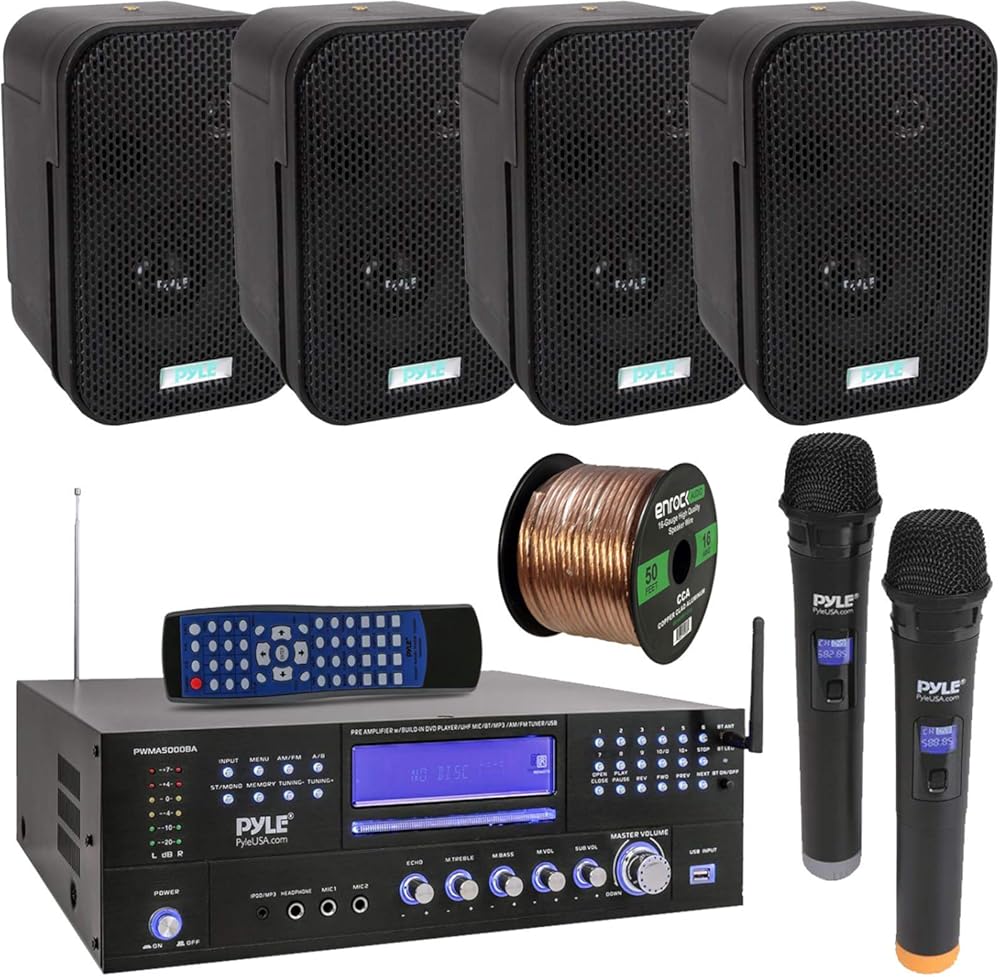 Pyle 3000W Bluetooth USB Home Theater Preamp AM/FM Stereo Receiver System with 2 Wireless Mics - Bundle Combo with 4x 3.5