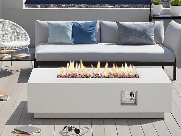 ECOTOUGE 56'' Gas Fire Pit, Outdoor Propane Firepit, Auto-Ignition Rectangle Steel Fire Table, 50,000 BTU Concrete fire Pit w/Weather-Resistant Pit Cover, Lava Rocks,no Tank Holde, White