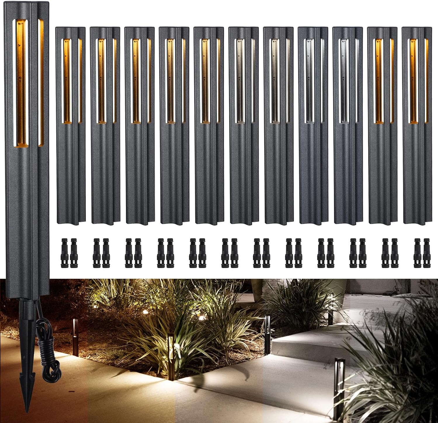 LEONLITE 12-Pack 5CCT Low Voltage Path Lights, Update 1800K2700K3000K4000K5000K Selectable, 3W LED Landscape Pathway Lights, Outdoor Landscape Lighting for Driveway, Aluminum, 12-24V, ETL, IP65, Black