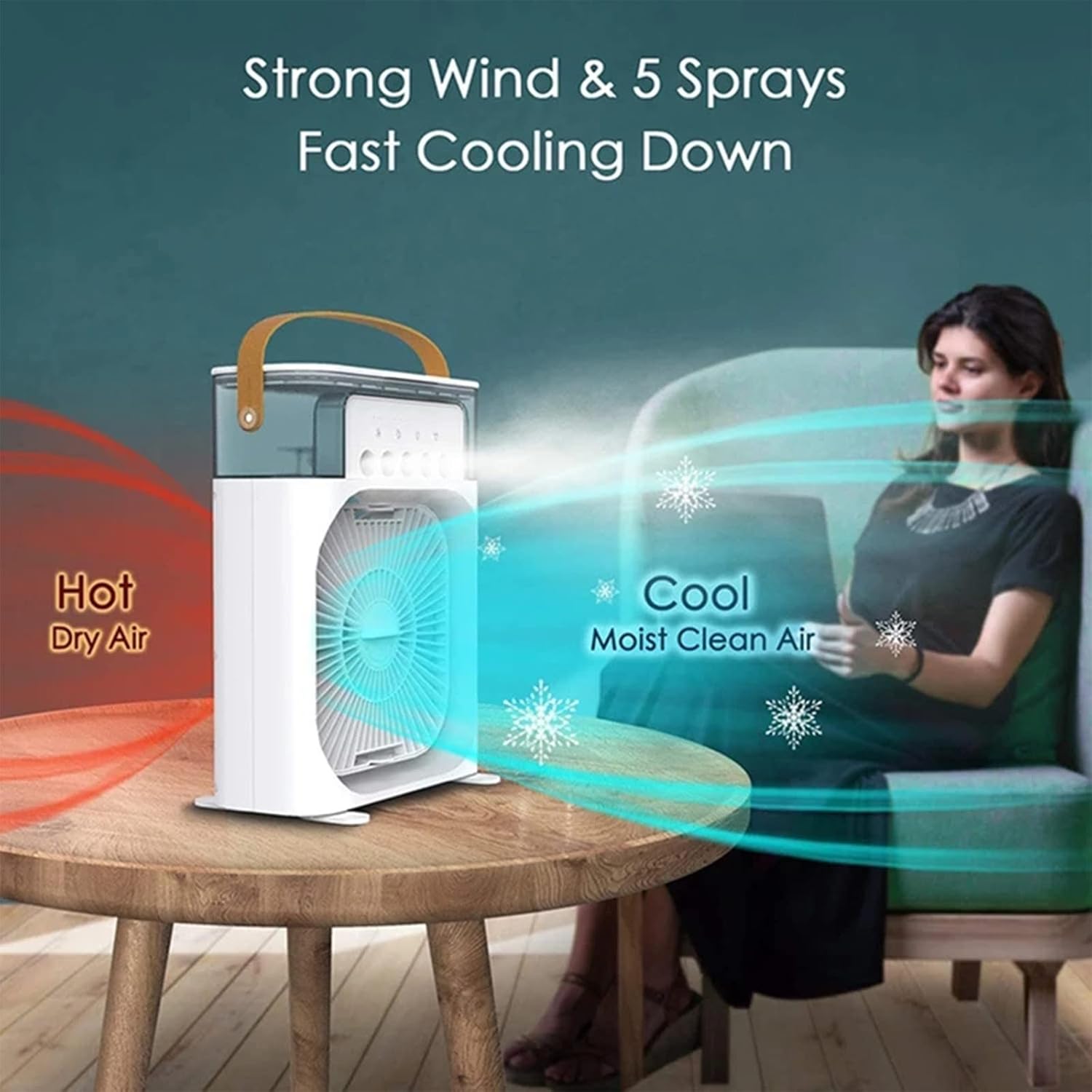 Mini Portable Air Conditioner, Usb Evaporative Cooler, 3 Speed Adjustment, 7 Color Led Humidifier, Office And Outdoor Dual Use (Blue)