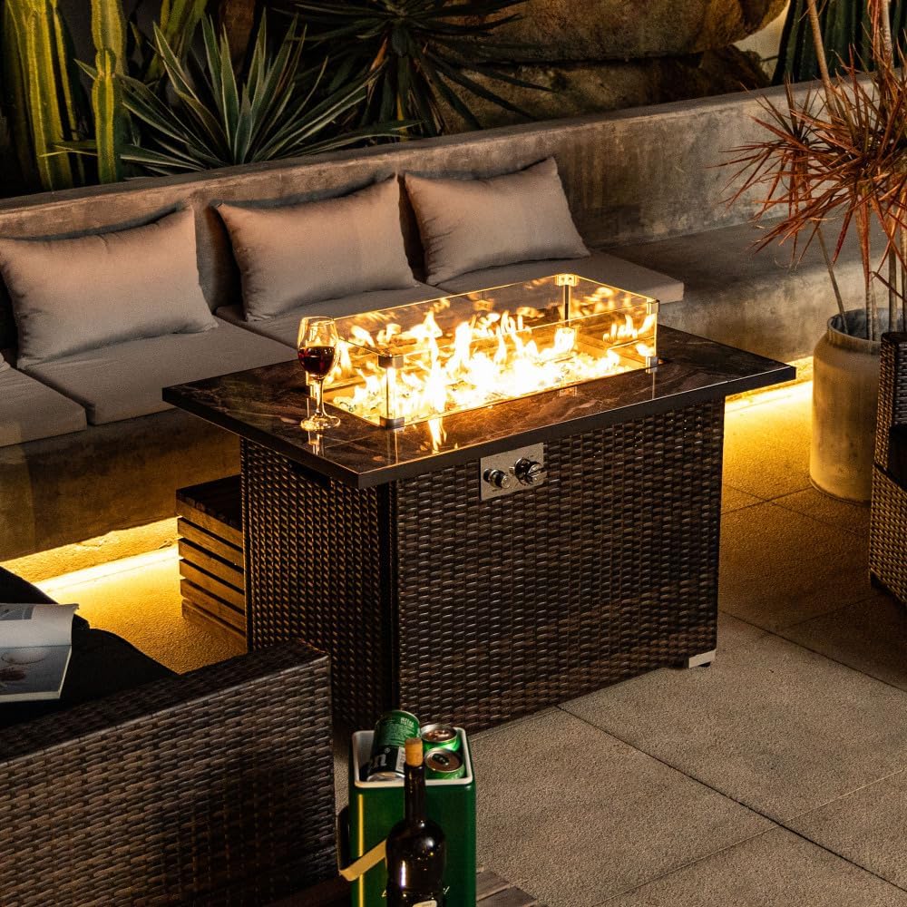 44 Inch Propane Fire Pit Table with Lid 50000 BTU Outdoor Gas Fire Pit Table with Glass Rocks for Patio Garden Deck