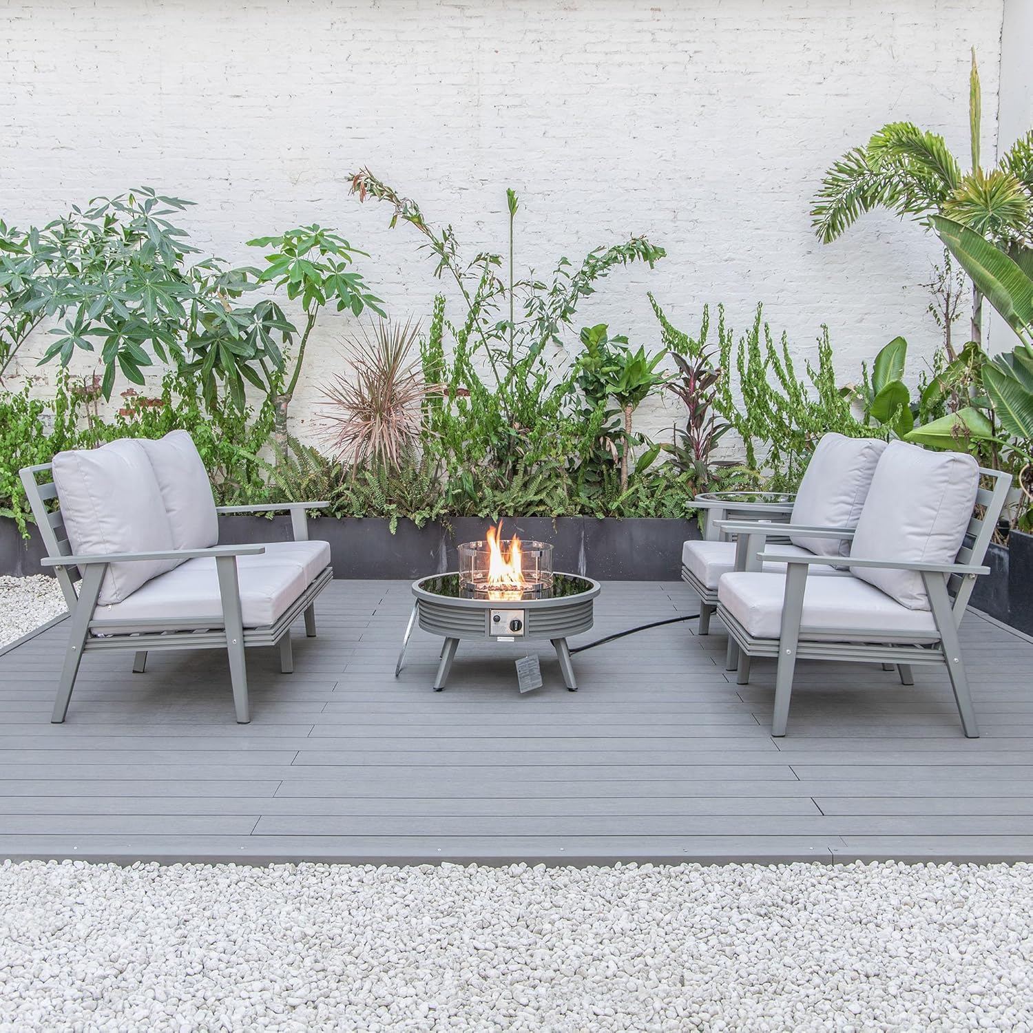 LeisureMod Walbrooke Modern Aluminum 5-Piece Patio Conversation Set with Outdoor Round Fire Pit Slats Design & Side Table Tank Holder, Light Grey