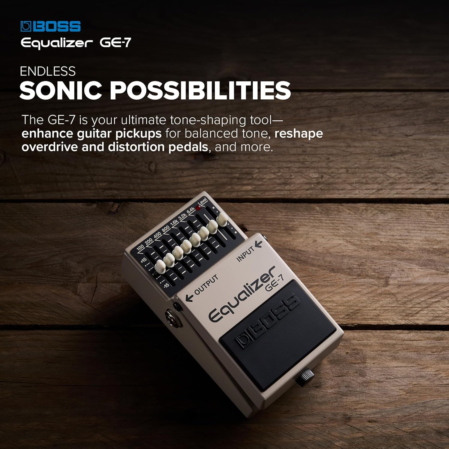 BOSS GE-7 Equalizer | Compact Graphic Equalizer Pedal | Tailored for Guitarists | 7 Bands of EQ Sliders | Guitar-Optimized Frequencies | ±15dB Boost/Cut Per Band | Level Slider for Volume Adjustments