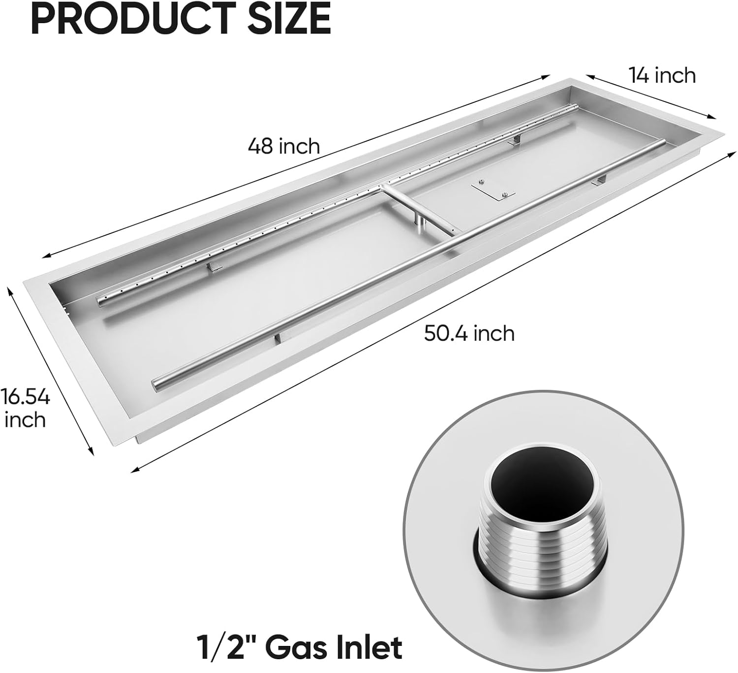 FAHKNS 48 x 14 inch H-Shaped Drop-in Fire Pit Pan, Stainless Steel 304 Fire Pit Burner, Propane Gas Fire Pan for Indoor Outdoor Use, 185,000 BTU Max