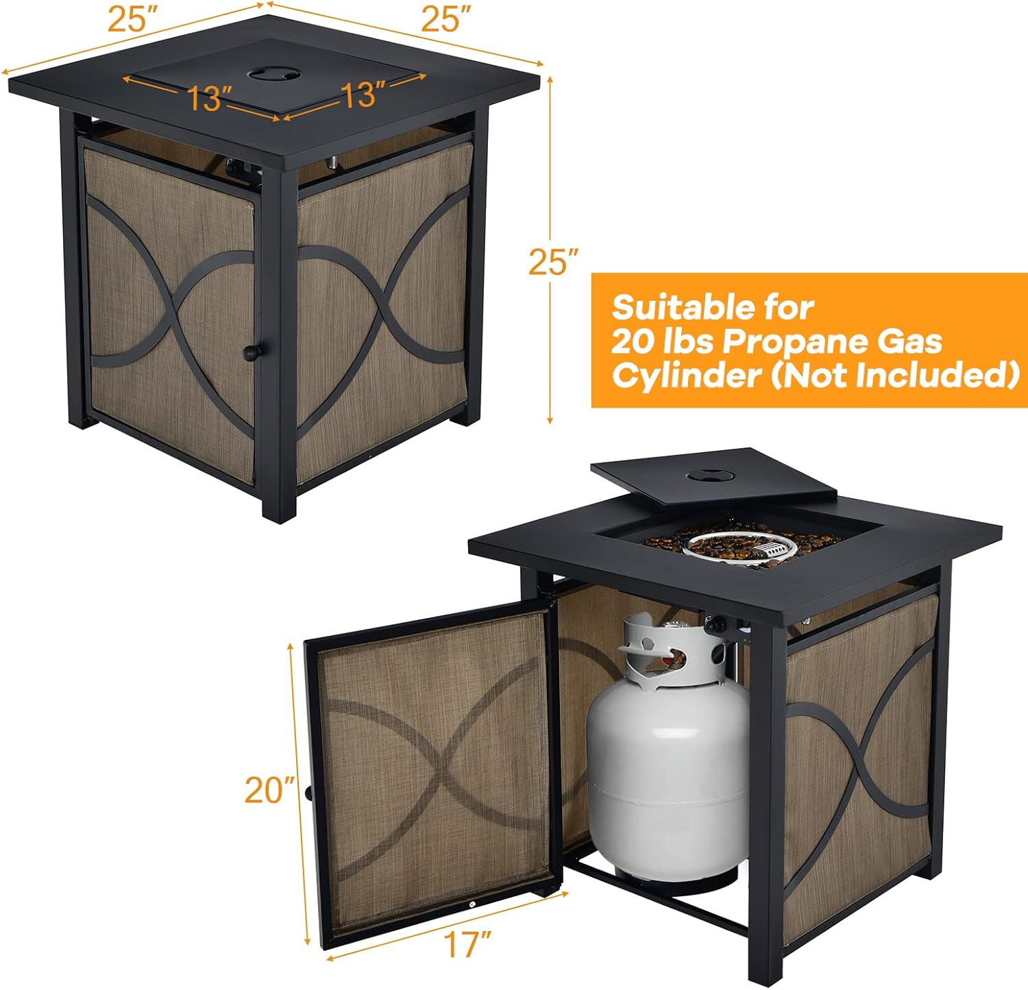 COSTWAY 25-Inch Propane Fire Pit Table, 40000 BTU Square Gas Fire Pit Table with Lid, Fire Glass and Adjustable Flame, 2-in-1 Outdoor Fire Table, CSA Approved