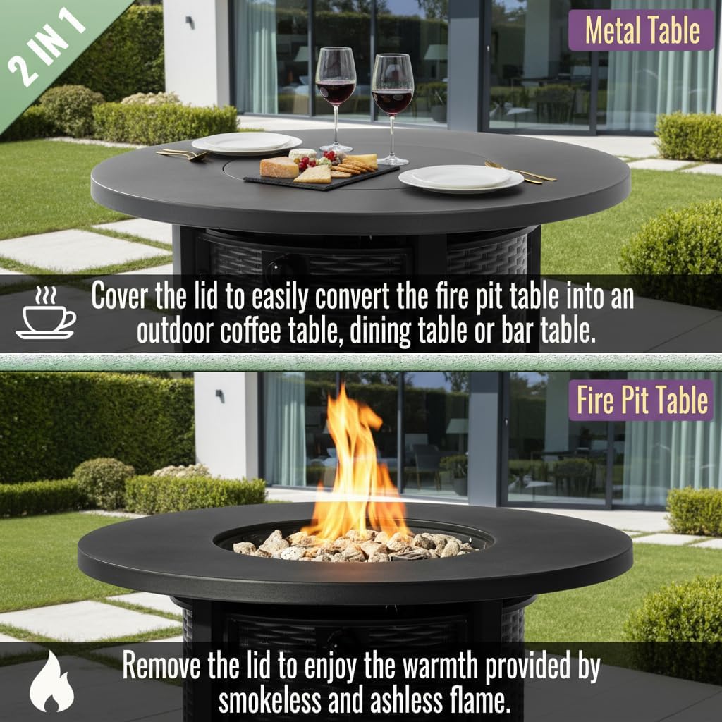 32-Inch Round Propane Fire Pit Table, 50,000 BTU Outdoor Steel Fire Table with Storage, Black Wicker Design, Volcanic Rocks, Electronic Ignition for Patio Garden Deck