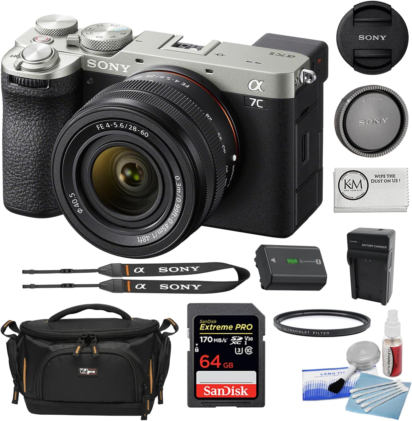 Sony a7C II Mirrorless Camera with 28-60mm Lens | Silver Bundle with 64GB Memory Card + 40.5mm UV Filter + 5-Piece Camera Cleaning Kit + Battery Charger + Cloth + Camera Case (7 Items)