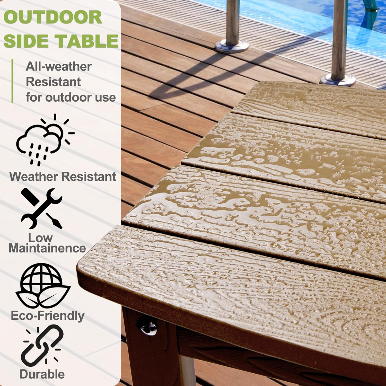 Y&M Outdoor Side Table, HIPS Adirondack Small Single Table, Waterproof Square Outside Table, Balcony Modern End Tables for Patio, Pool, Beach, Porch, Deck, Indoor or Outdoor Use (Brown, 2 Pack)