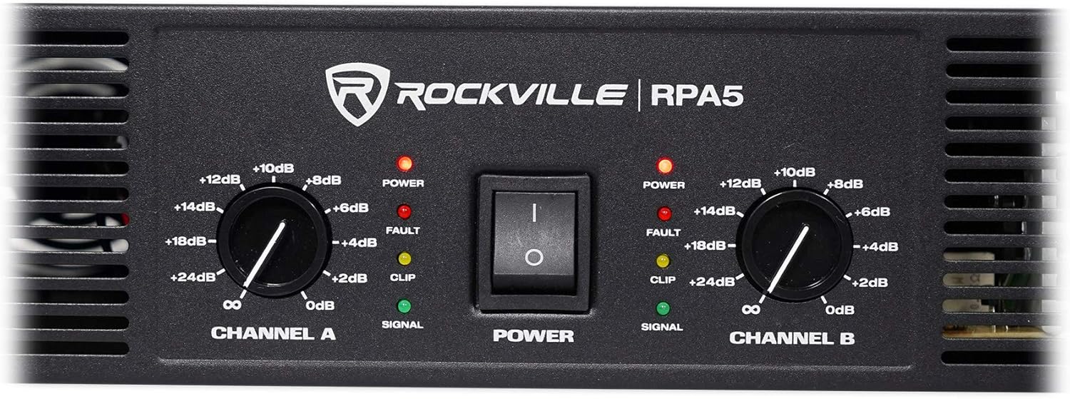 Rockville RPA5 2-Channel Power Amplifier, 200W RMS @ 4 Ohm, 1000W Peak, Stereo/Mono Switch, Built-in Crossover, for DJs, Live Sound, and Pro Audio