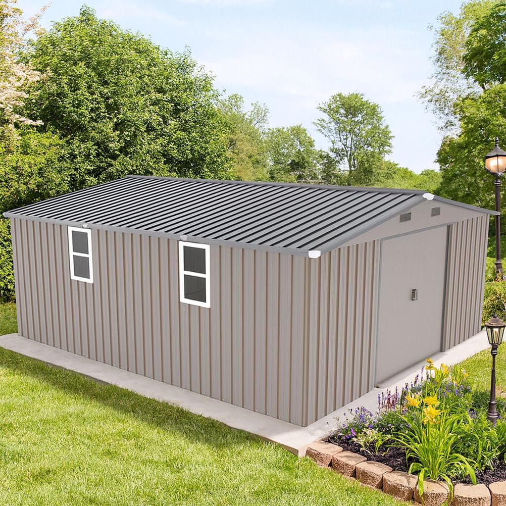 10x12 FT Outdoor Storage Shed, Extra Large Metal Garden Shed with Lockable Doors, Windows & Air Vents, Heavy-Duty Steel Backyard Utility Shed for Tools, Lawn Equipment, Motorcycles, Bikes, Patio,Brown